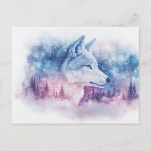Majestic White Wolf in Purple Nebula Postcard (Front)