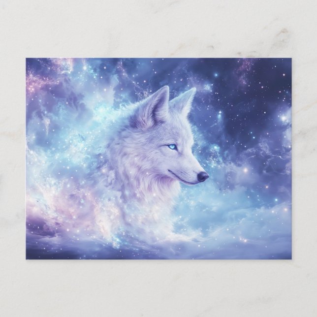 Majestic White Wolf in Purple Nebula Postcard (Front)
