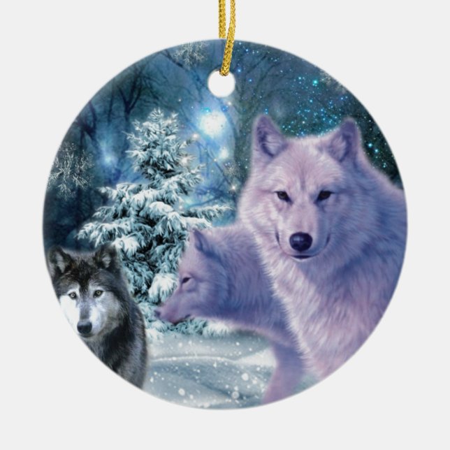 Majestic Wild Wolves in the Forest Ceramic Ornament (Front)