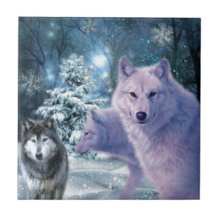 Majestic Wild Wolves in the Forest Ceramic Tile