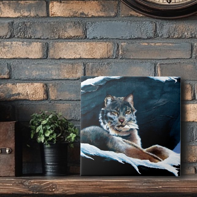 Majestic Winter Lynx Resting Snowy Mountain Ceramic Tile (Creator Uploaded)