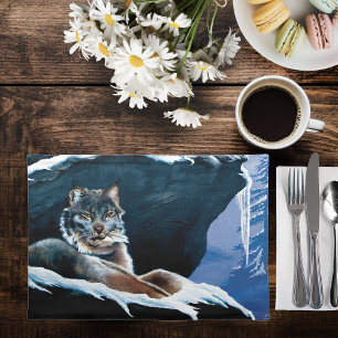 Majestic Winter Lynx Resting Snowy Mountain Cloth Placemat