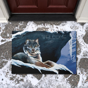 Majestic Winter Lynx Resting Snowy Mountain Doormat