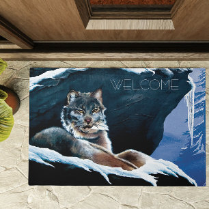 Majestic Winter Lynx Resting Snowy Mountain Doormat