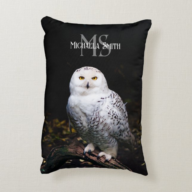 Majestic winter snowy owl monogram custom name accent pillow (Back(Vertical))