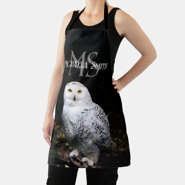 Majestic winter snowy owl monogram custom name apron (Insitu)