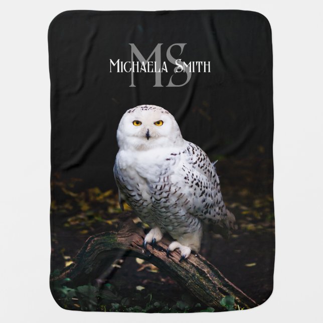 Majestic winter snowy owl monogram custom name baby blanket (Front)