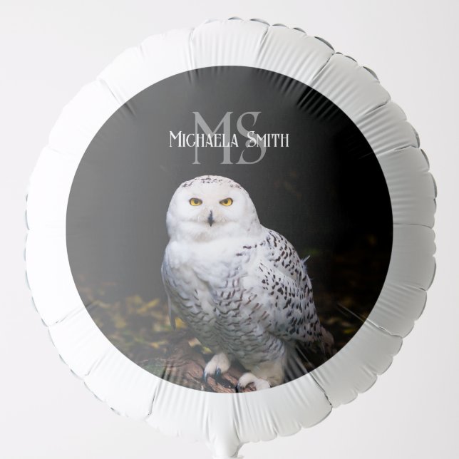 Majestic winter snowy owl monogram custom name balloon (Front)