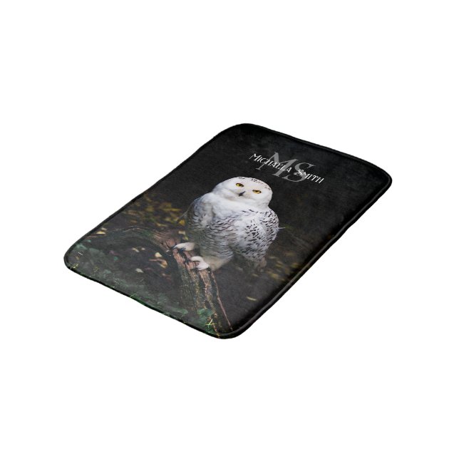 Majestic winter snowy owl monogram custom name bath mat (Angled)