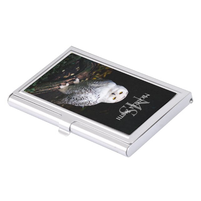 Majestic winter snowy owl monogram custom name business card case (Front)