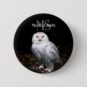 Majestic winter snowy owl monogram custom name button