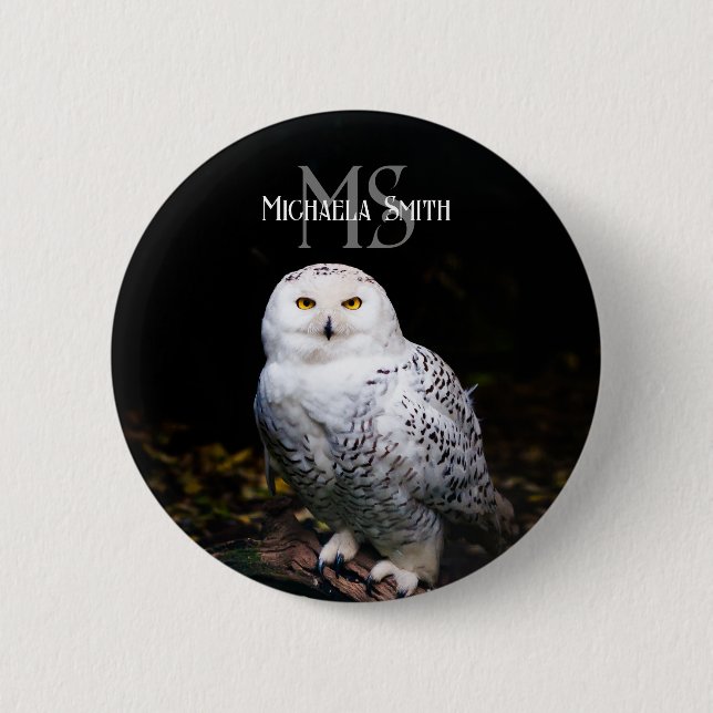 Majestic winter snowy owl monogram custom name button (Front)
