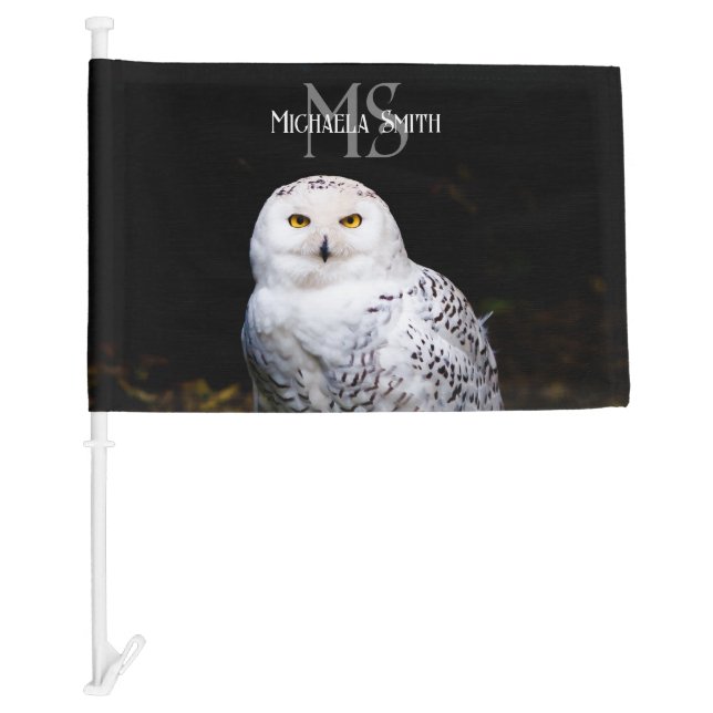 Majestic winter snowy owl monogram custom name car flag (Front)