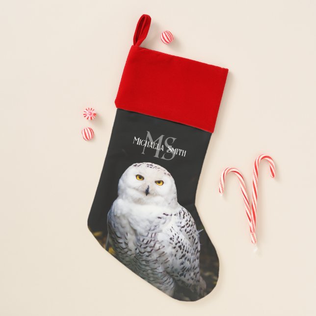 Majestic winter snowy owl monogram custom name christmas stocking (Front)