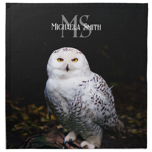 Majestic winter snowy owl monogram custom name cloth napkin (Front)