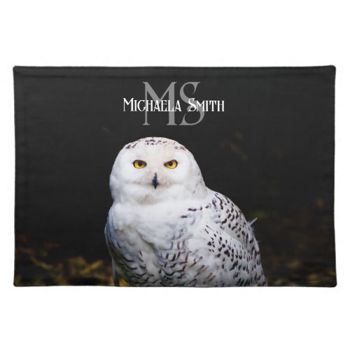 Majestic winter snowy owl monogram custom name cloth placemat