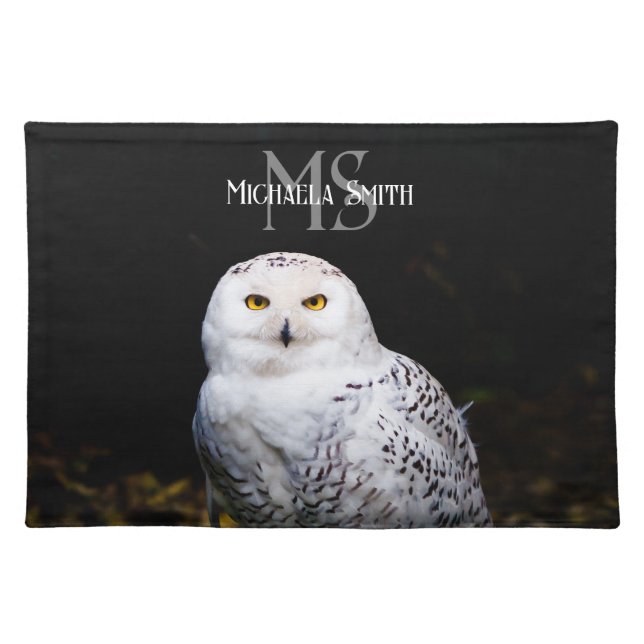 Majestic winter snowy owl monogram custom name cloth placemat (Front)