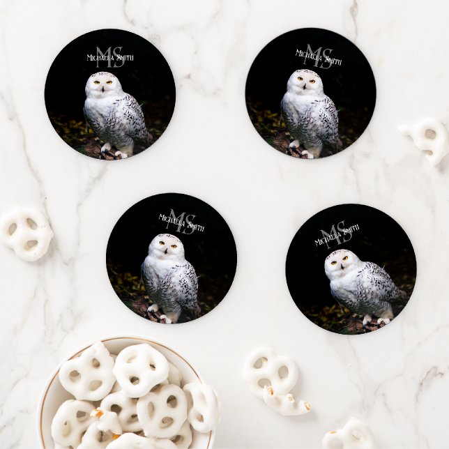 Majestic winter snowy owl monogram custom name coaster set (In Situ)