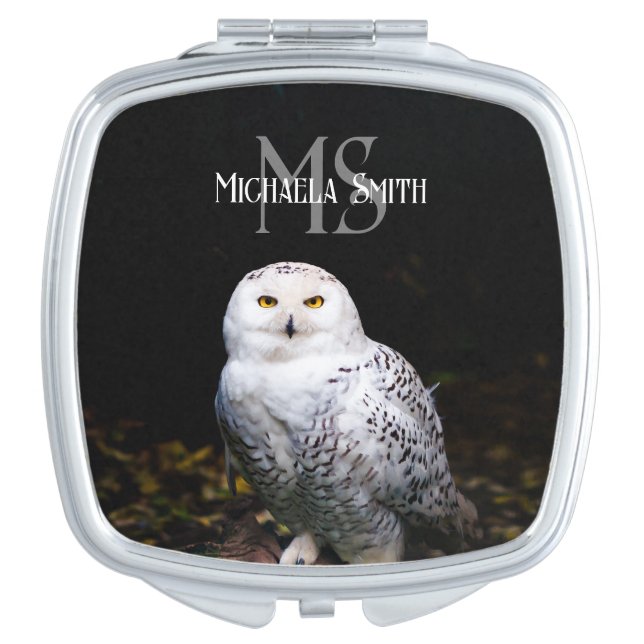 Majestic winter snowy owl monogram custom name compact mirror (Front)