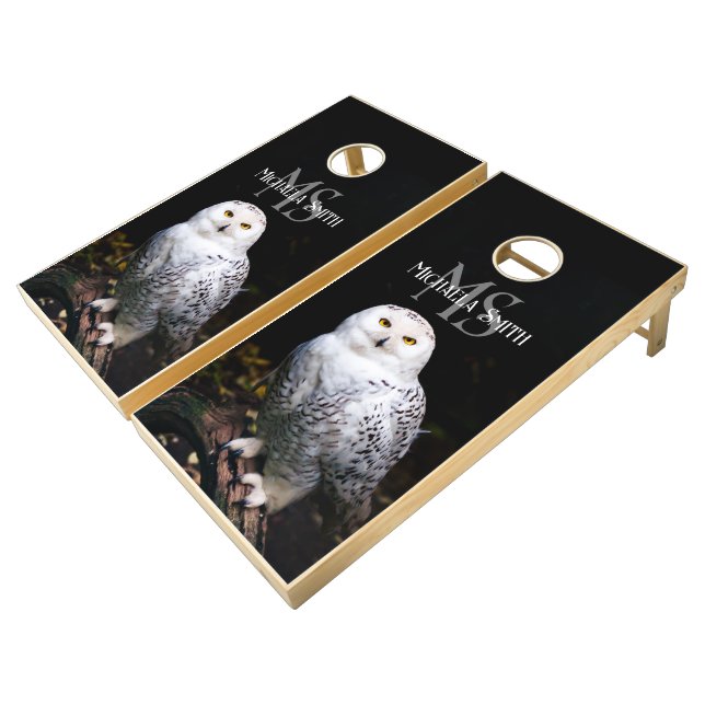 Majestic winter snowy owl monogram custom name cornhole set (Angled)