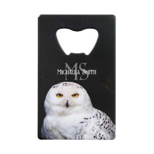 Majestic winter snowy owl monogram custom name credit card bottle opener