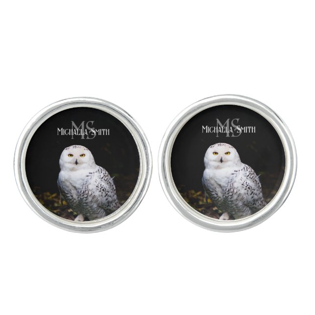 Majestic winter snowy owl monogram custom name cufflinks (Front)