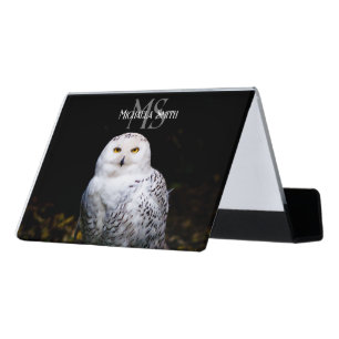 Majestic winter snowy owl monogram custom name desk business card holder
