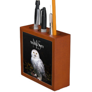 Majestic winter snowy owl monogram custom name desk organizer