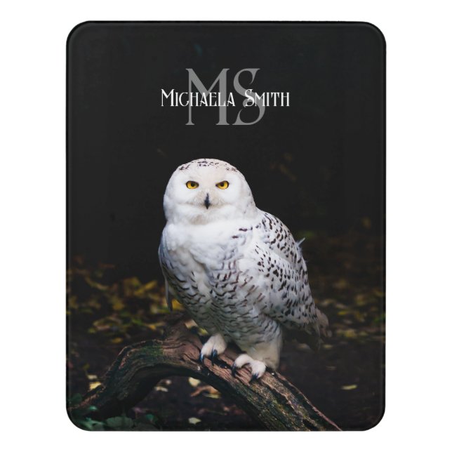 Majestic winter snowy owl monogram custom name door sign (Contemporary Vert)