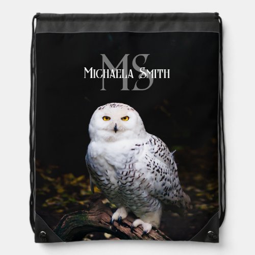 Majestic winter snowy owl monogram custom name drawstring bag