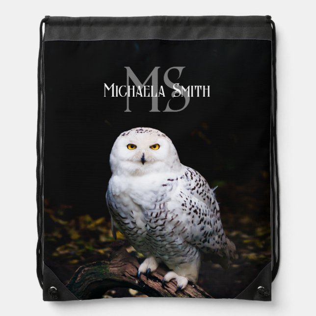 Majestic winter snowy owl monogram custom name drawstring bag (Front)