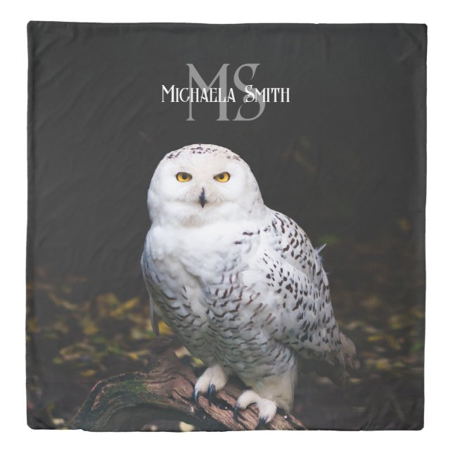 Majestic winter snowy owl monogram custom name duvet cover (Front)
