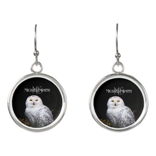 Majestic winter snowy owl monogram custom name earrings (Front)