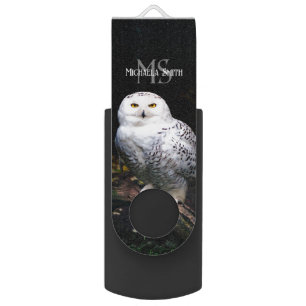 Majestic winter snowy owl monogram custom name flash drive