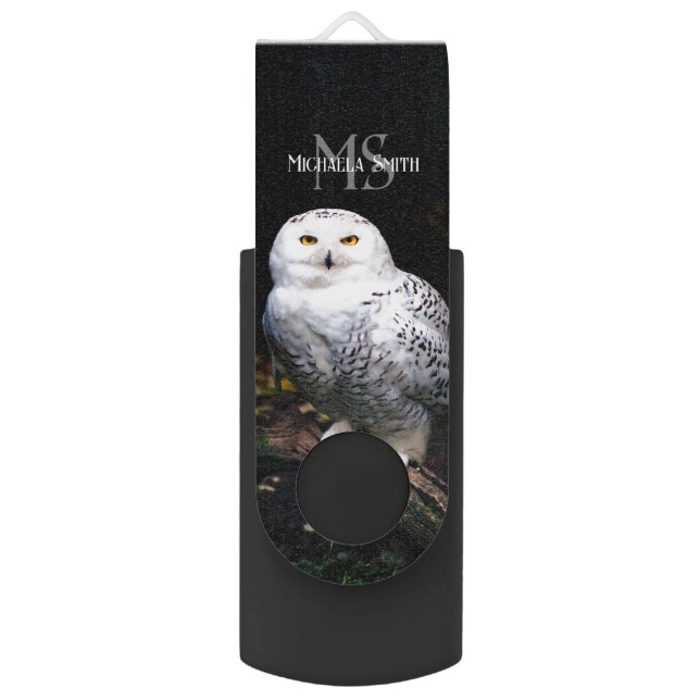 Majestic winter snowy owl monogram custom name flash drive (Front Vertical)