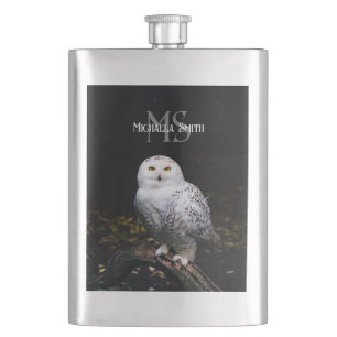 Majestic winter snowy owl monogram custom name flask