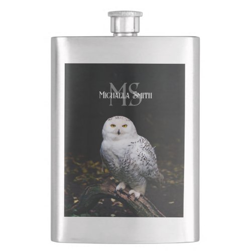 Majestic winter snowy owl monogram custom name flask