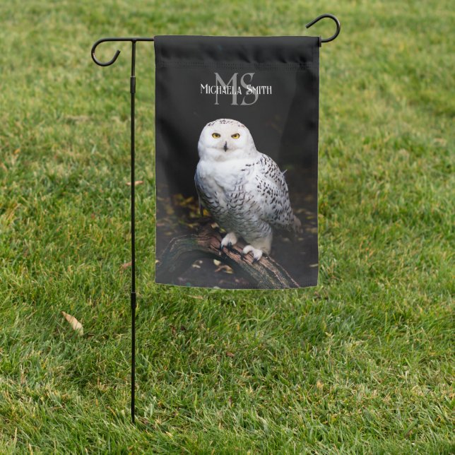 Majestic winter snowy owl monogram custom name garden flag (In SItu)