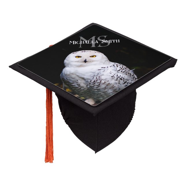 Majestic winter snowy owl monogram custom name graduation cap topper (Angled)