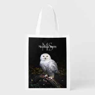 Majestic winter snowy owl monogram custom name grocery bag