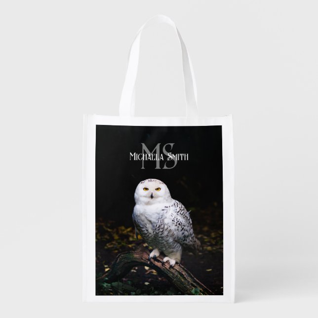 Majestic winter snowy owl monogram custom name grocery bag (Front)