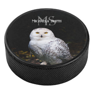 Majestic winter snowy owl monogram custom name hockey puck