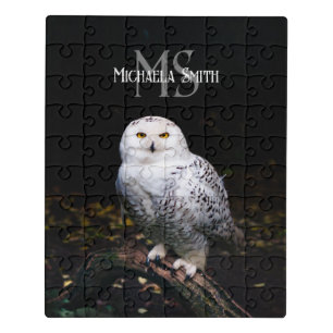 Majestic winter snowy owl monogram custom name jigsaw puzzle