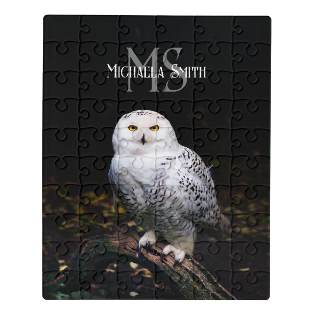 Majestic winter snowy owl monogram custom name jigsaw puzzle (Puzzle Vertical)