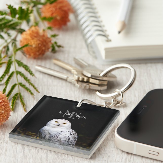 Majestic winter snowy owl monogram custom name keychain (Front Right)