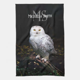 Majestic winter snowy owl monogram custom name kitchen towel