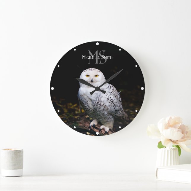Majestic winter snowy owl monogram custom name large clock (Home)