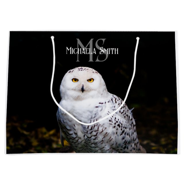 Majestic winter snowy owl monogram custom name large gift bag (Front)