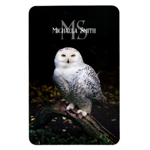 Majestic winter snowy owl monogram custom name magnet
