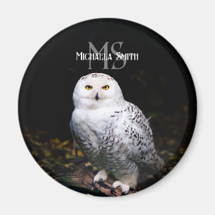 Majestic winter snowy owl monogram custom name magnet